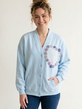 Vintage Best Form L/XL Blue Doily Yo-Yo Appliqué Sweatshirt Cardigan